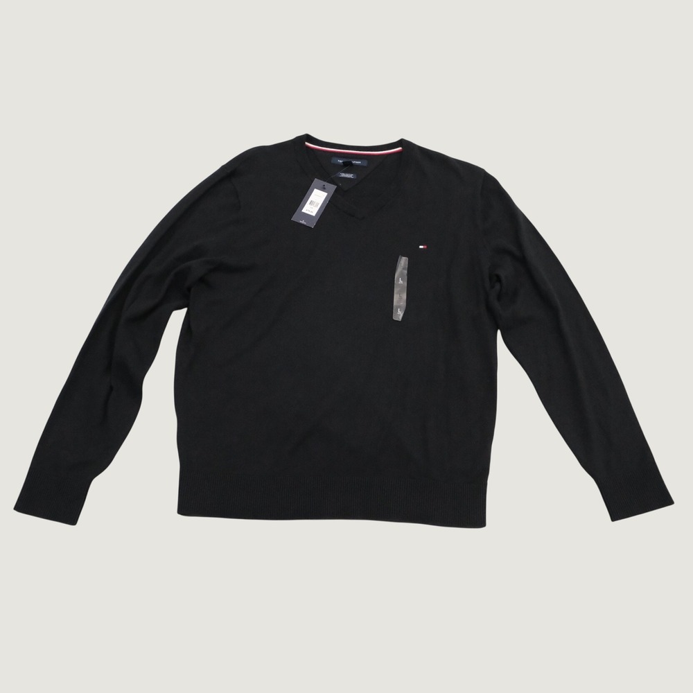 Tommy Hilfiger Sweater Mens Black Pima Cotton Cashmere Preppy L V-Neck